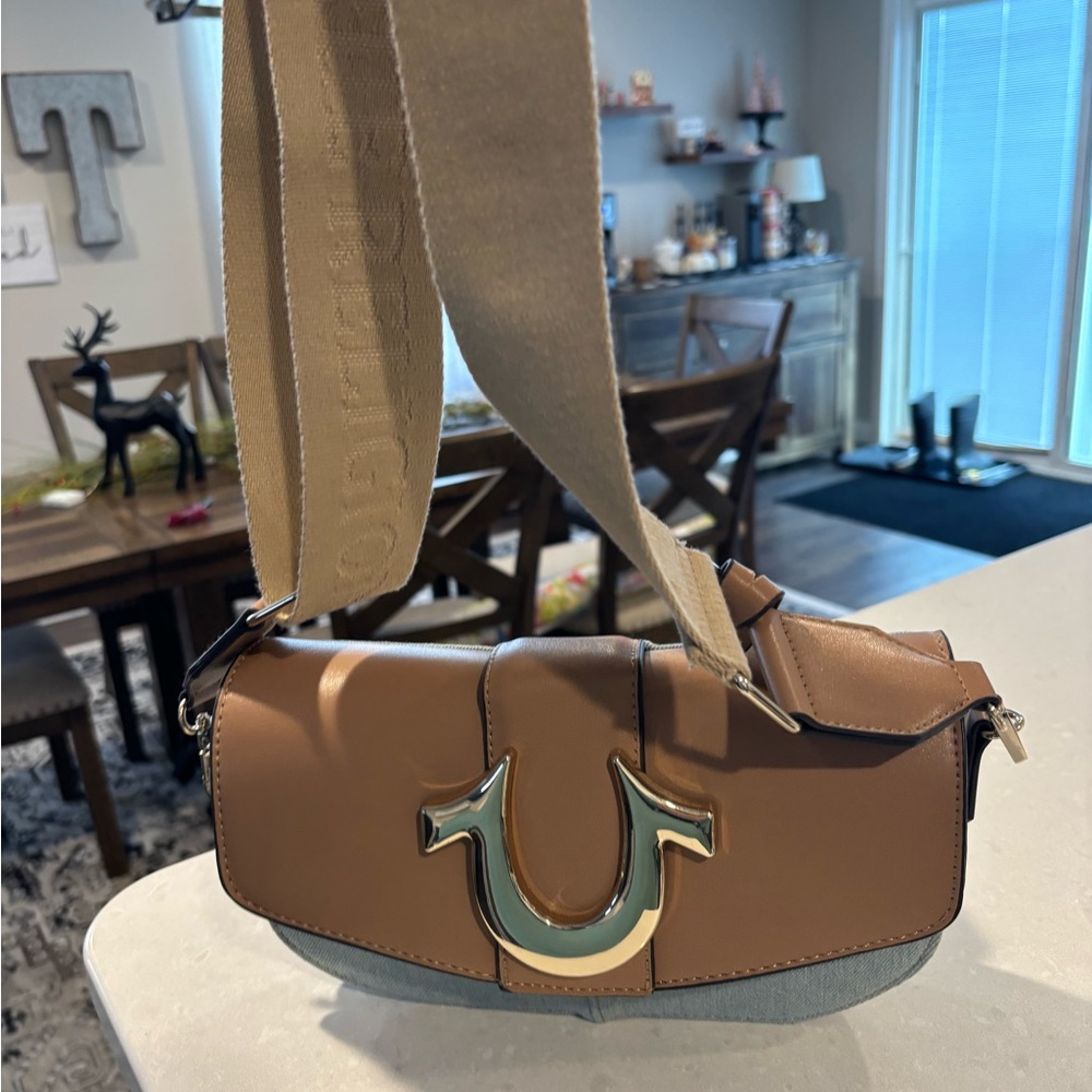 True Religion Tan Crossbody Bag with Gold Accent